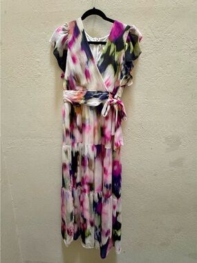 DKNY Women’s Size 10 Floral Watercolor Wrap Dress in Pink and Green